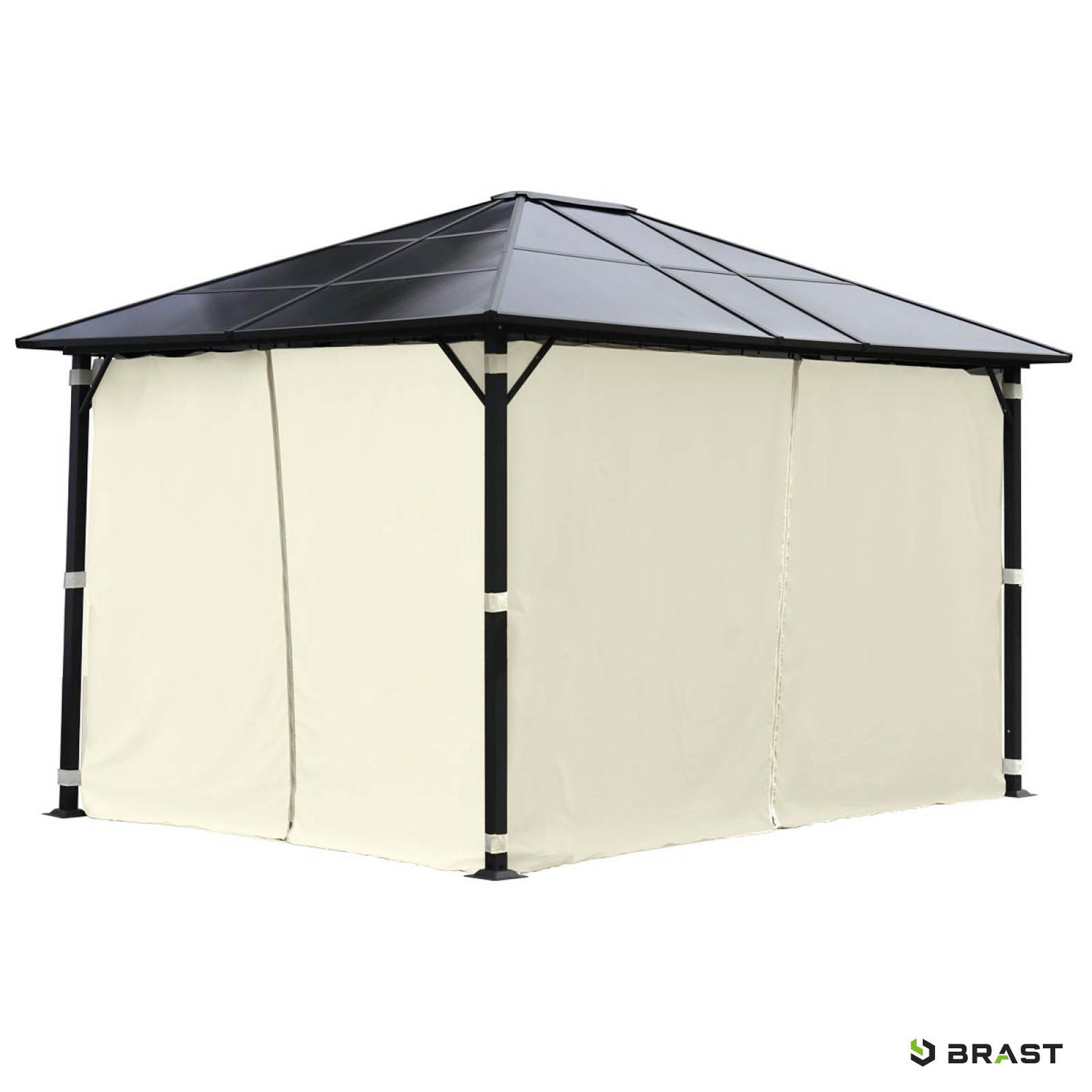 Beiger Alu-Gartenpavillon 3x4m mit schwarzem Dach, sturmfest, winterfest, wasserdicht und stabil, ganzjährig nutzbar.