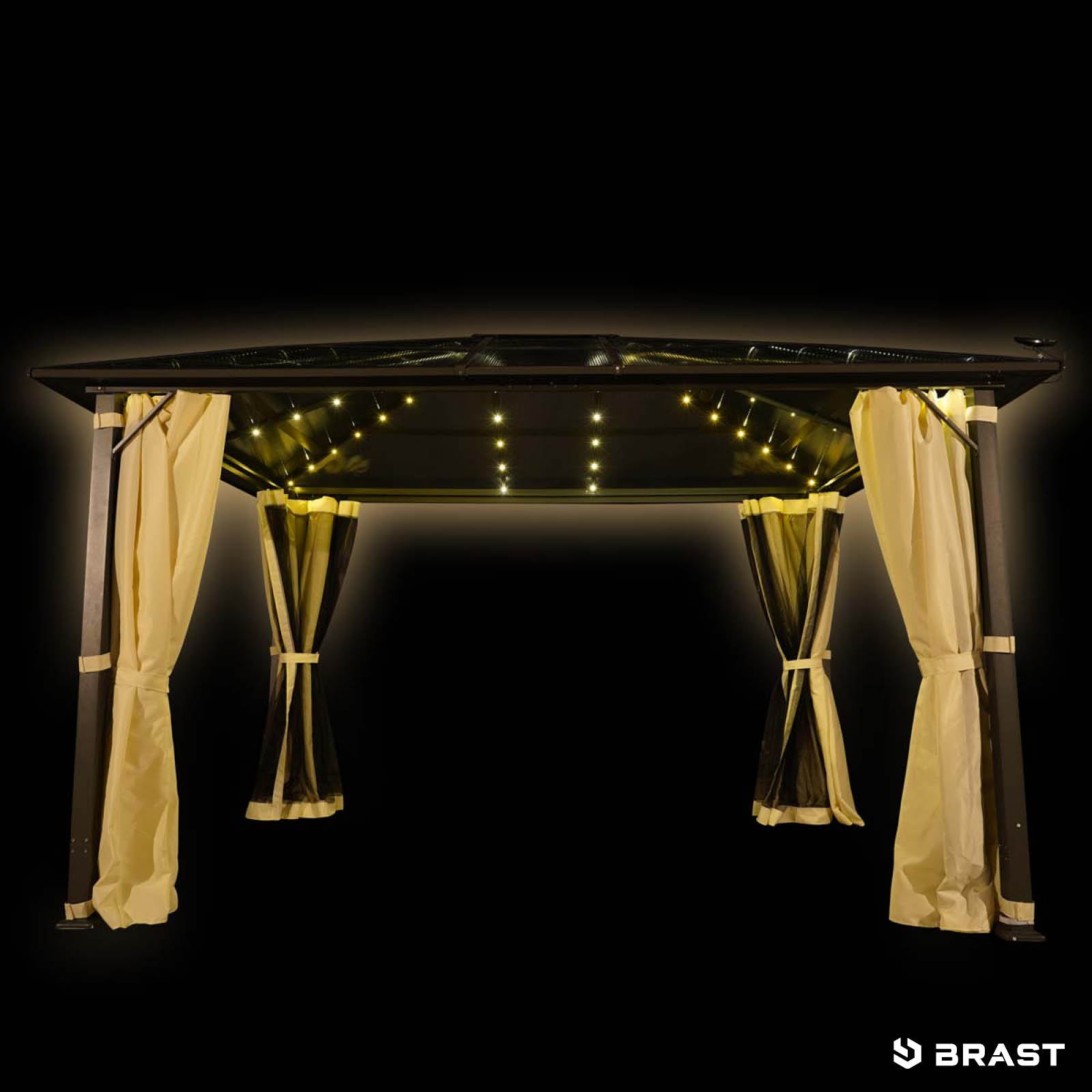 Beiger Aluminium-Gartenpavillon 3x4m mit LED-Beleuchtung, sturmfest und winterfest, ganzjährig nutzbar, wasserdicht stabil.