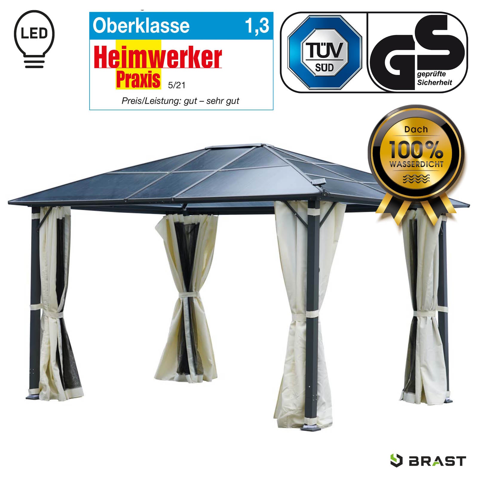Beiger Alu-Gartenpavillon 3x4m mit LED, sturmfest, winterfest, wasserdicht und stabil für ganzjährigen Einsatz.