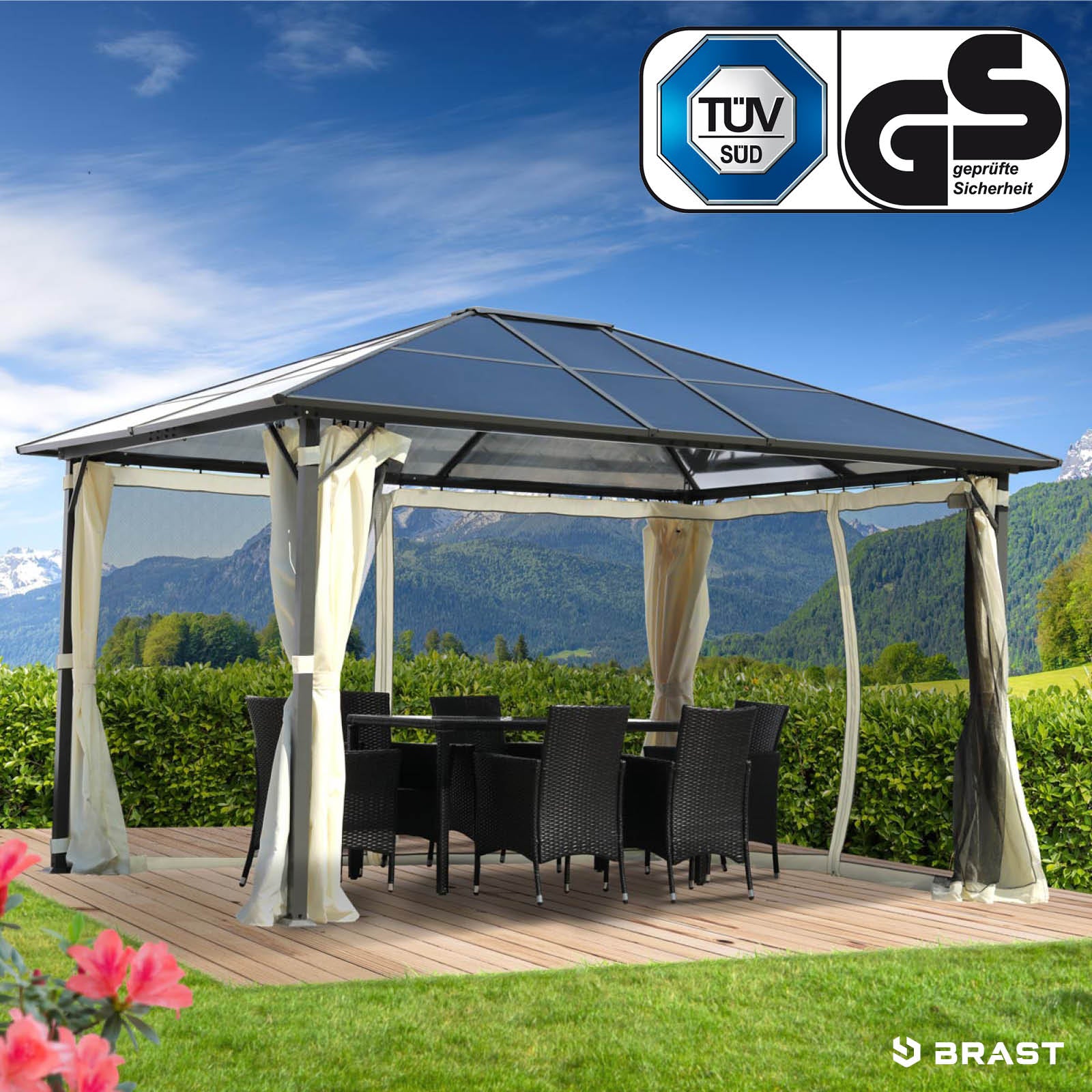 Beiger Alu-Gartenpavillon 3x4m mit stabilem Dach, Vorhängen und integrierten LEDs, wasserdicht, sturm- und winterfest,.