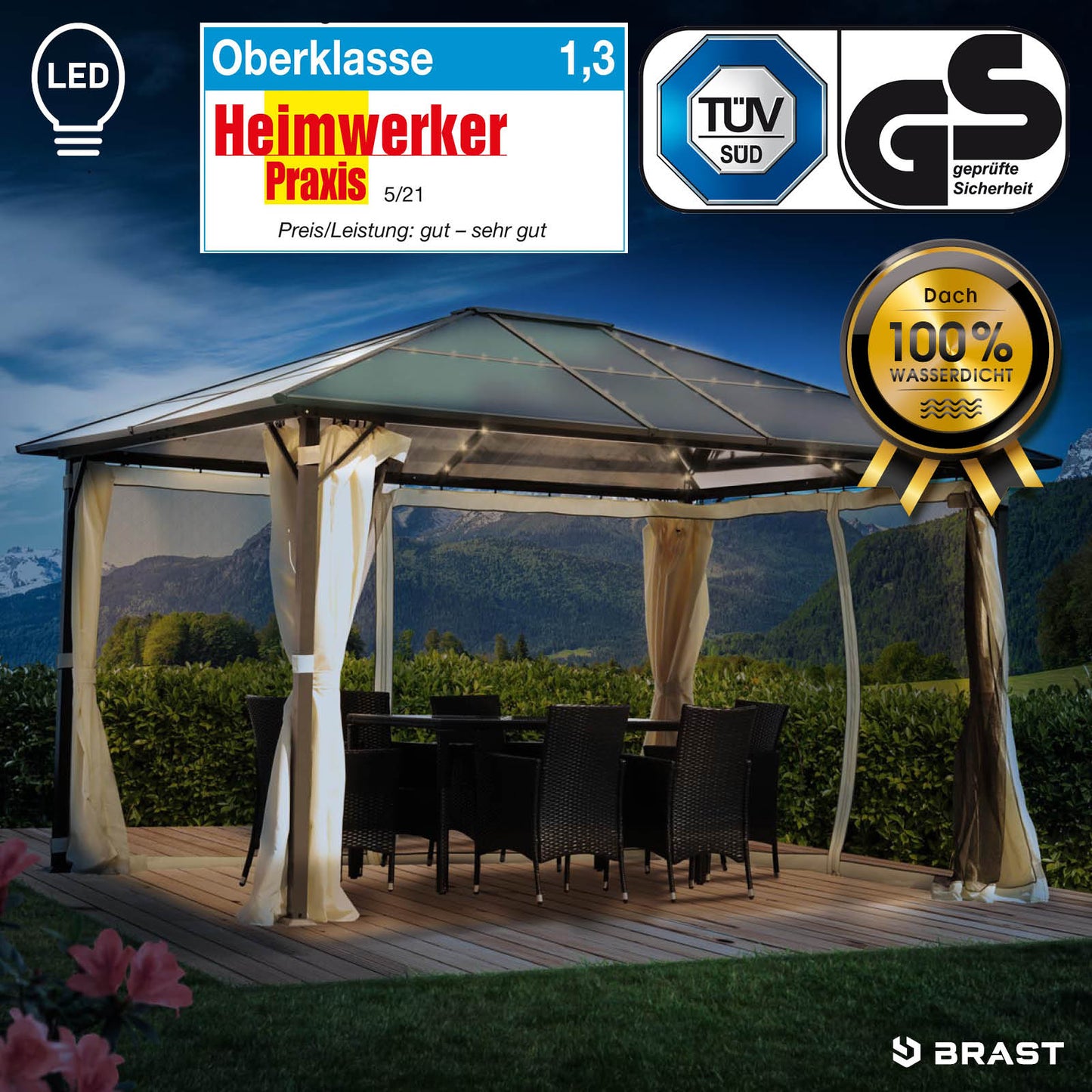 Beiger Alu-Gartenpavillon 3x4m mit LED, sturmfest, wasserdicht, stabil und winterfest, ganzjährig nutzbar.