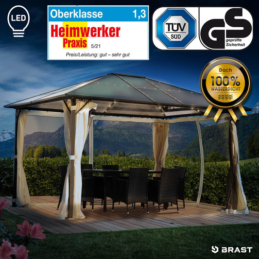 Beiger Alu-Gartenpavillon 3x4m mit LED, sturmfest, wasserdicht, stabil und winterfest, ganzjährig nutzbar.