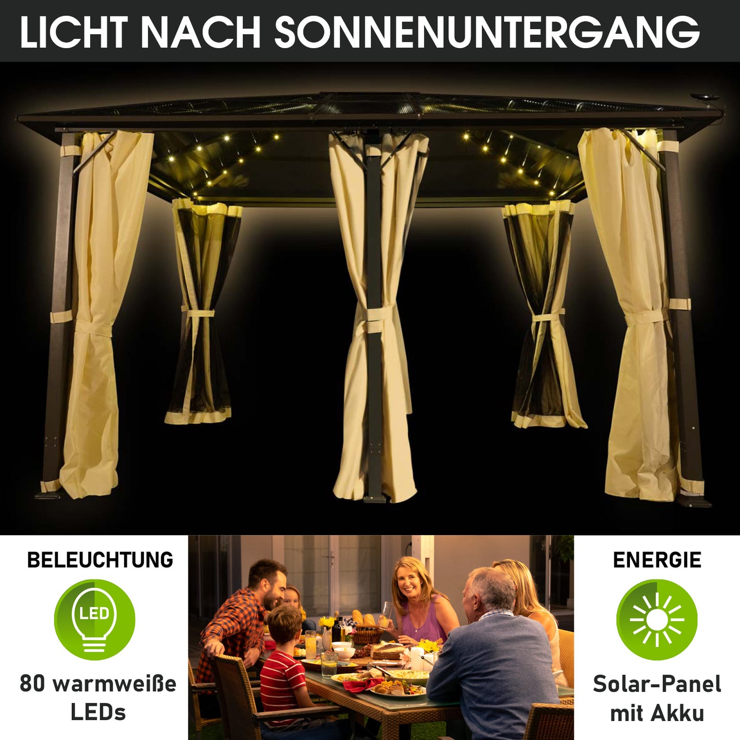 Alu-Pavillon PREMIUM  3,6x4,8m beige inkl. LEDs