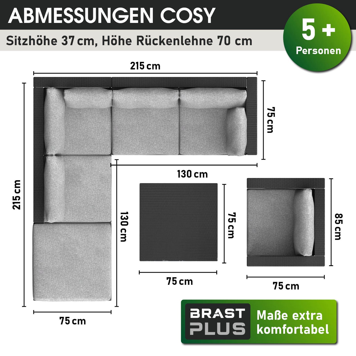 Schwarzes Polyrattan Lounge Möbel Set mit grauen Polstern, Ecksofa und quadratischem Tisch, Lounge Gartenmöbel für 5+.