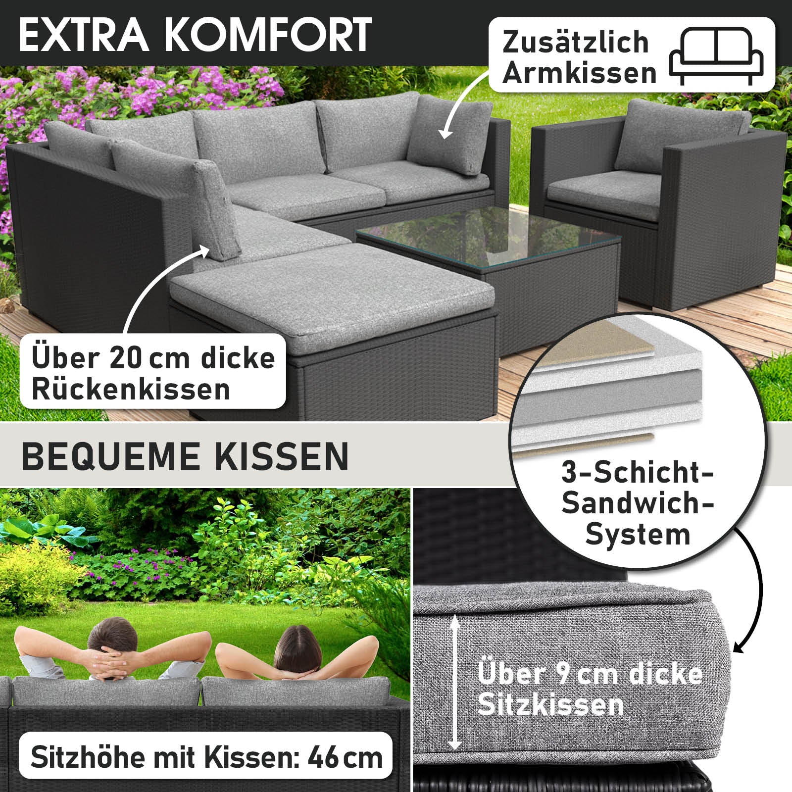 Schwarzes Polyrattan Lounge Set mit dicken grauen Sitz- und Rückenkissen, modernes Loungemöbel Set für Garten.