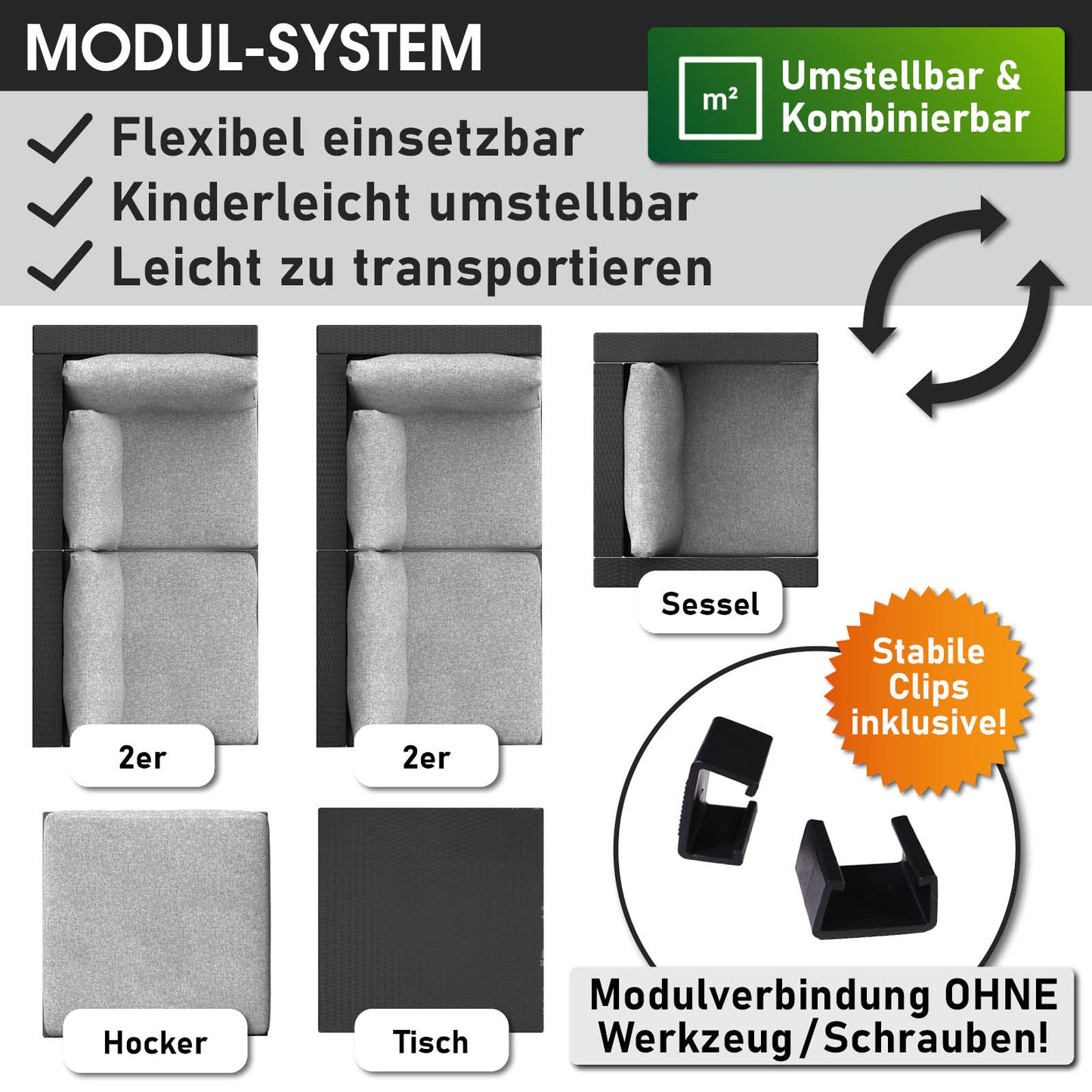Schwarzes Polyrattan Lounge Gartenmöbel Set mit flexiblen Modulen, Sessel, Hocker und Tisch, modernes Loungemöbel.