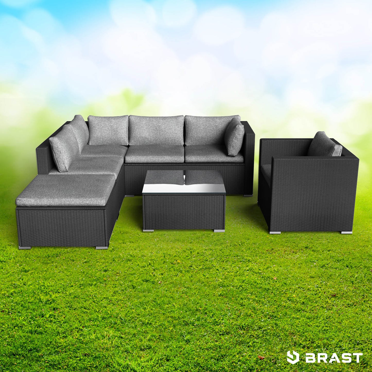 Schwarzes Polyrattan Loungemöbel Set mit grauen Kissen, Garten Lounge Möbel mit Modulsofa und Tisch.