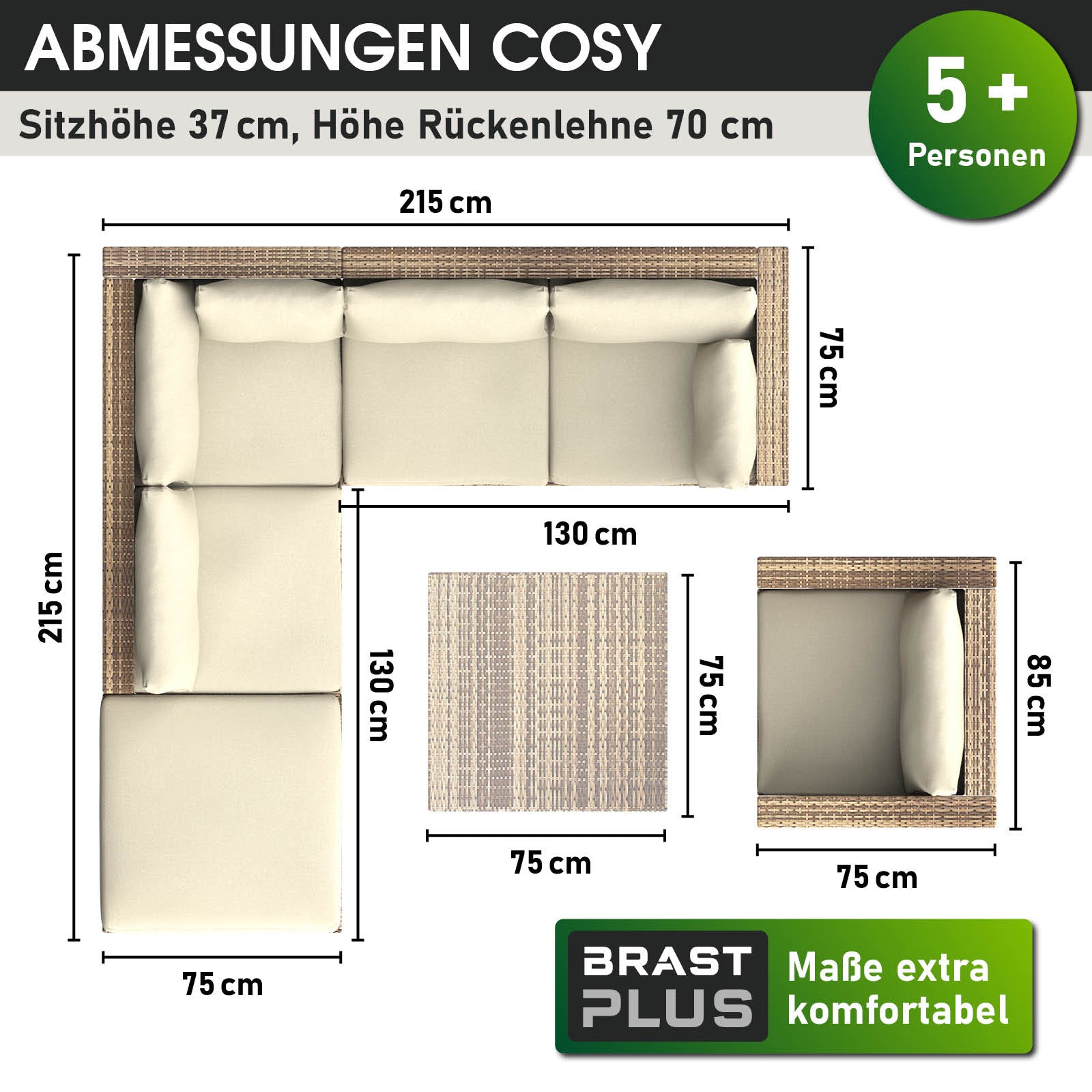 Braunes Polyrattan Lounge Set COSY mit Sitz- und Rückenhöhen, inkl. Tisch und Hocker, loungemöbel set für Garten.