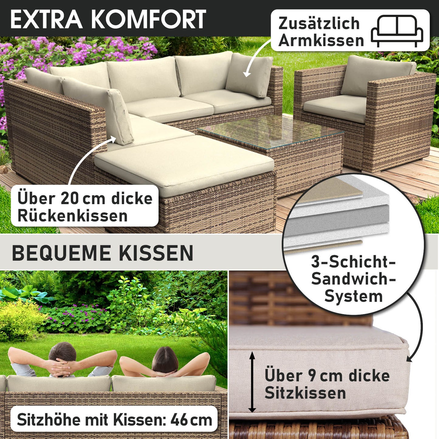 Braunes Polyrattan Lounge Set mit dicken Sitz- und Rückenkissen, Loungemöbel Set für Garten Lounge Möbel.