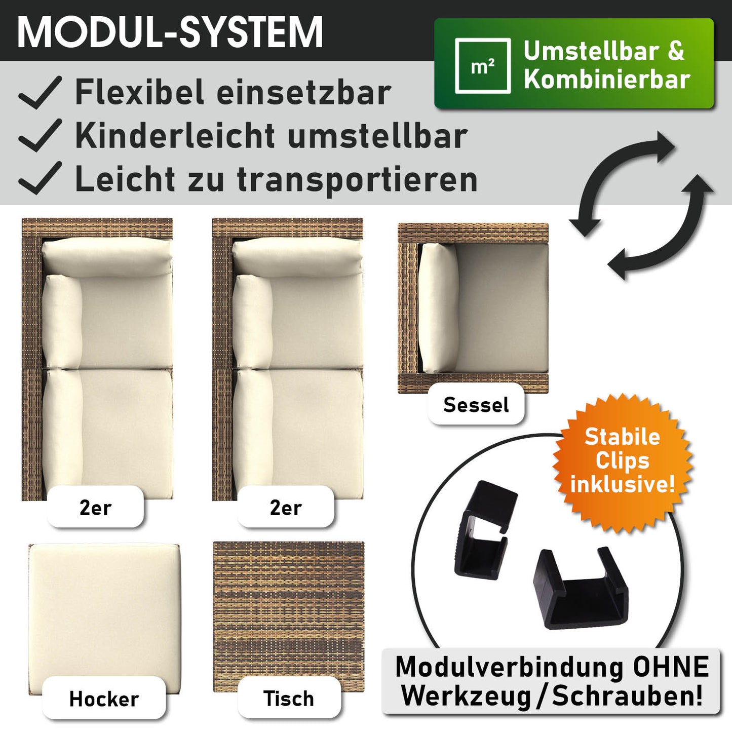 Braunes Polyrattan Loungemöbel Set mit flexiblem Modul-System, inkl. 2er-Sofa, Sessel, Hocker und Tisch, wetterfestes Garten .