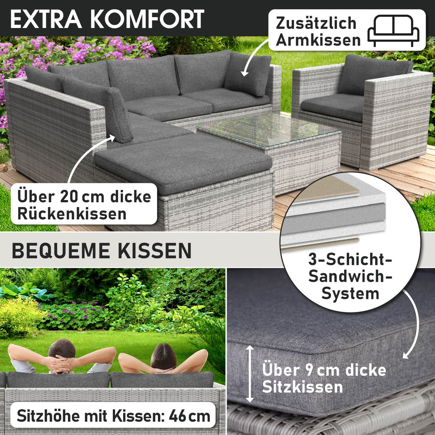 Graues Polyrattan Lounge Möbel Set mit dicken Sitz- und Rückenkissen, Garten Lounge Möbel.