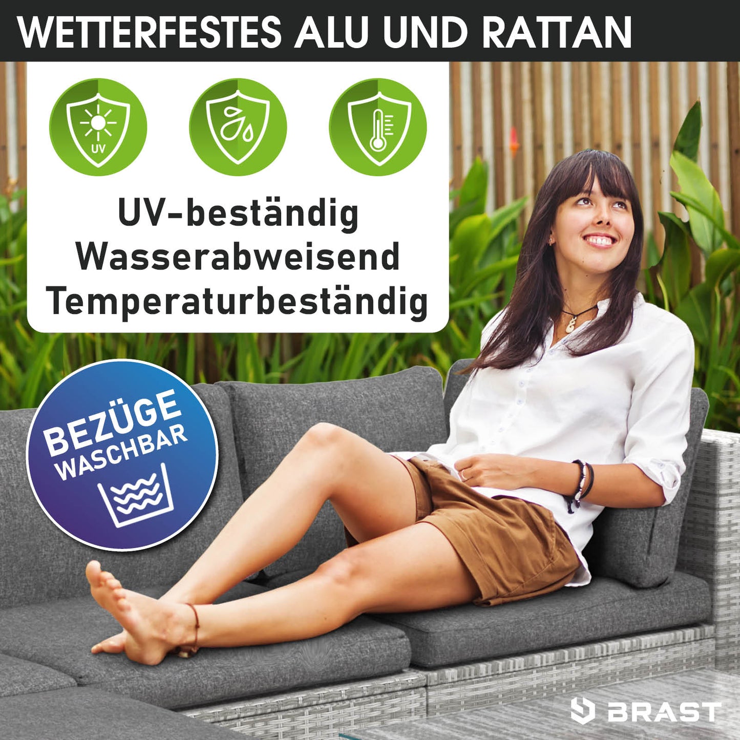 Graues Polyrattan Lounge Möbel Set mit dicken Sitz- und Rückenkissen, wetterfestes Garten Lounge Möbel.