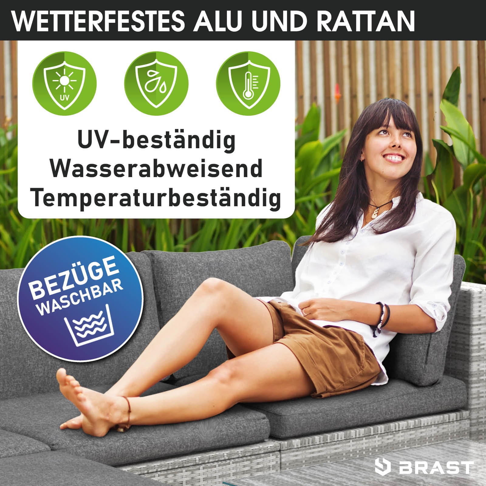 Graues Polyrattan Lounge Möbel Set mit dicken Sitz- und Rückenkissen, wetterfestes Garten Lounge Möbel.