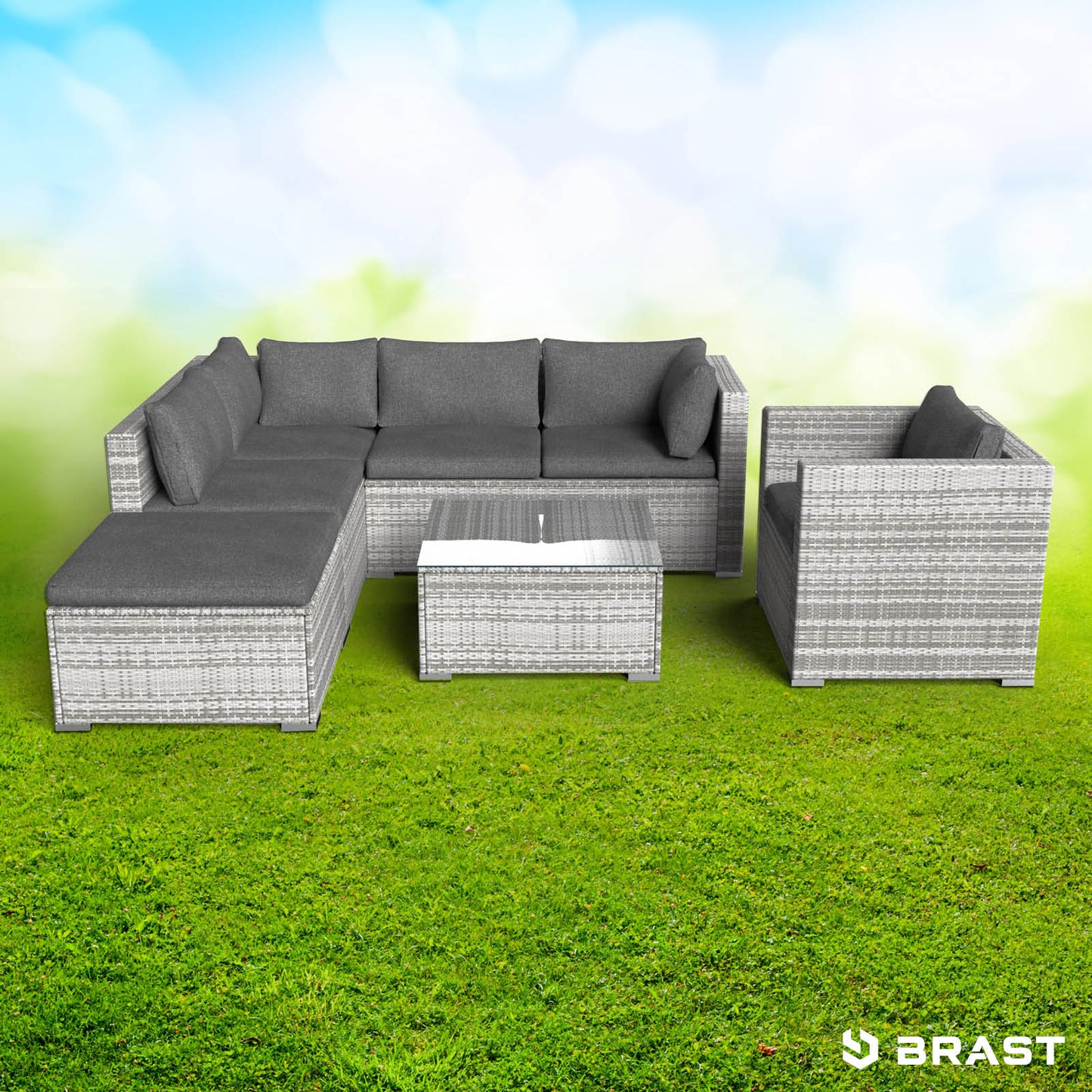 Grau meliertes Polyrattan Lounge Set mit grauen Kissen, loungemöbel für garten, rattan lounge möbel, loungemöbel set mit.