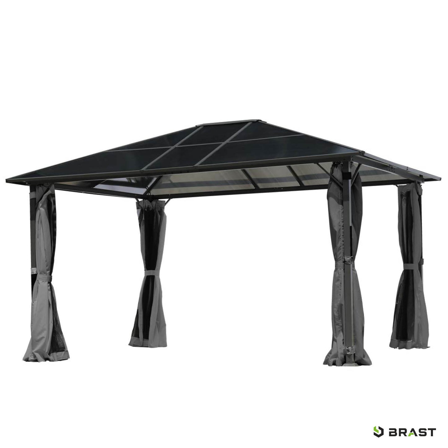 Grauer Aluminium-Gartenpavillon 3x4m mit LED, sturmfest, winterfest und wasserdicht, stabil für ganzjährigen Einsatz.