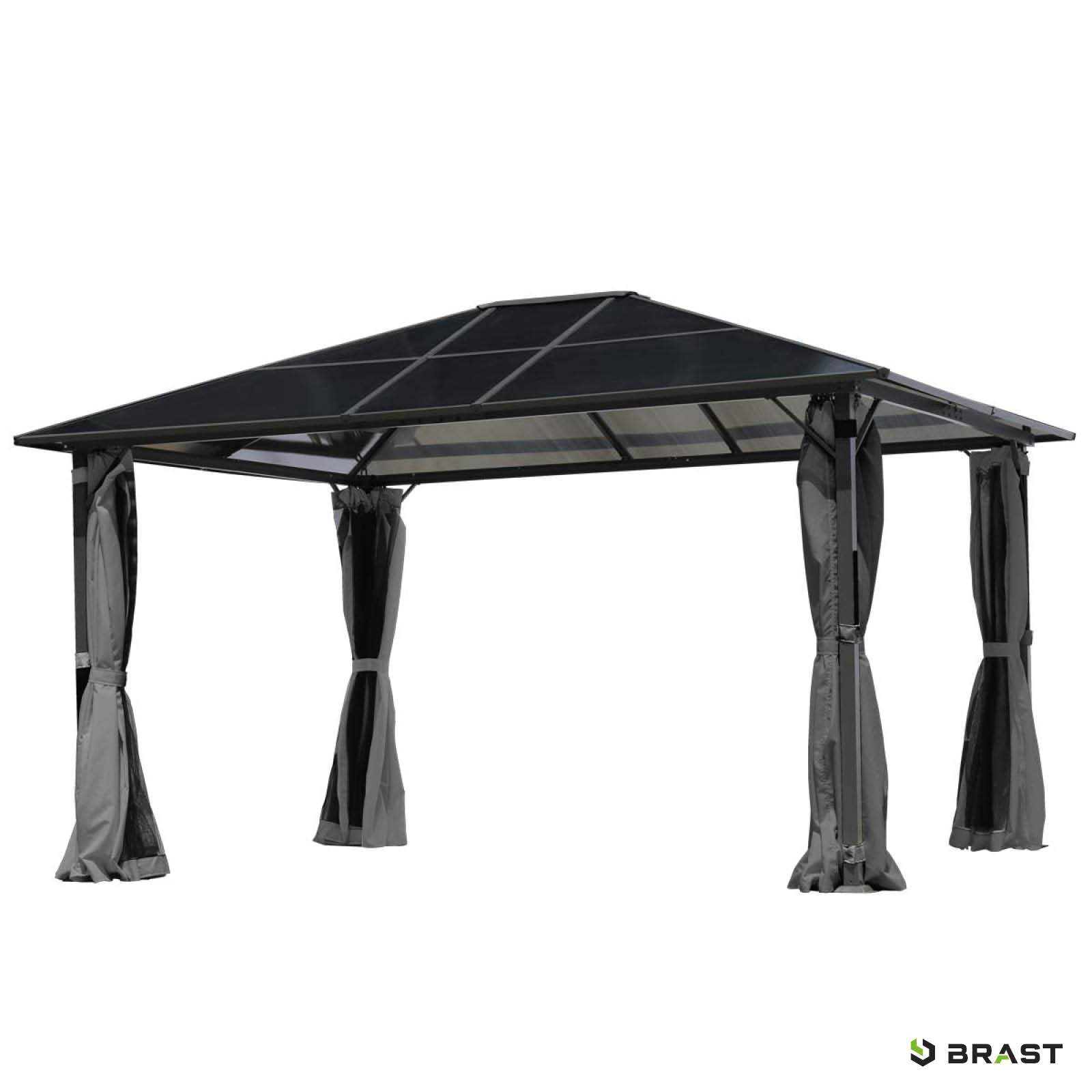 Grauer Aluminium-Gartenpavillon 3x4m mit LED, sturmfest, winterfest und wasserdicht, stabil für ganzjährigen Einsatz.