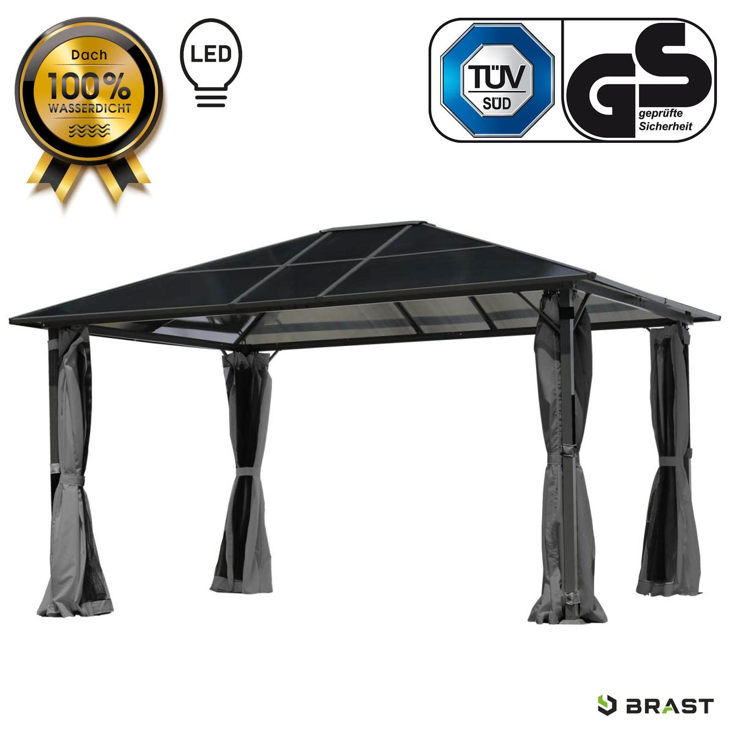 Grauer Alu-Gartenpavillon 3x4m mit LED-Beleuchtung, sturmfest, winterfest, wasserdicht und stabil für ganzjährige Nutzung.
