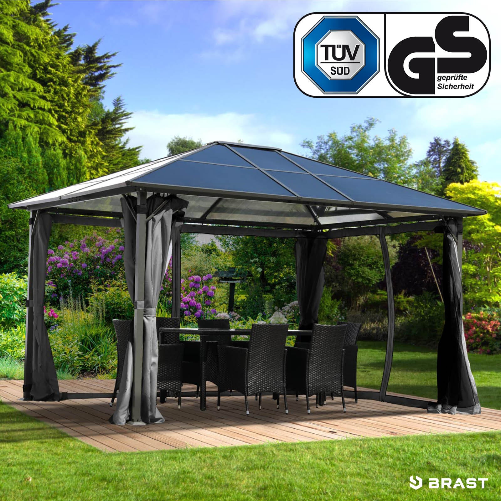 Grauer Alu-Gartenpavillon 3x4m mit wasserdichtem, stabilen Dach und LED-Beleuchtung, ganzjährig, sturm- und winterfest.