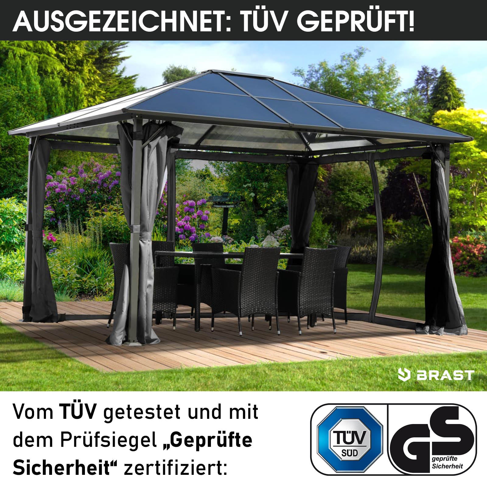 Grauer Alu-Gartenpavillon 3x4m mit LEDs, sturmfest, winterfest und wasserdicht, stabil und ganzjährig nutzbar.
