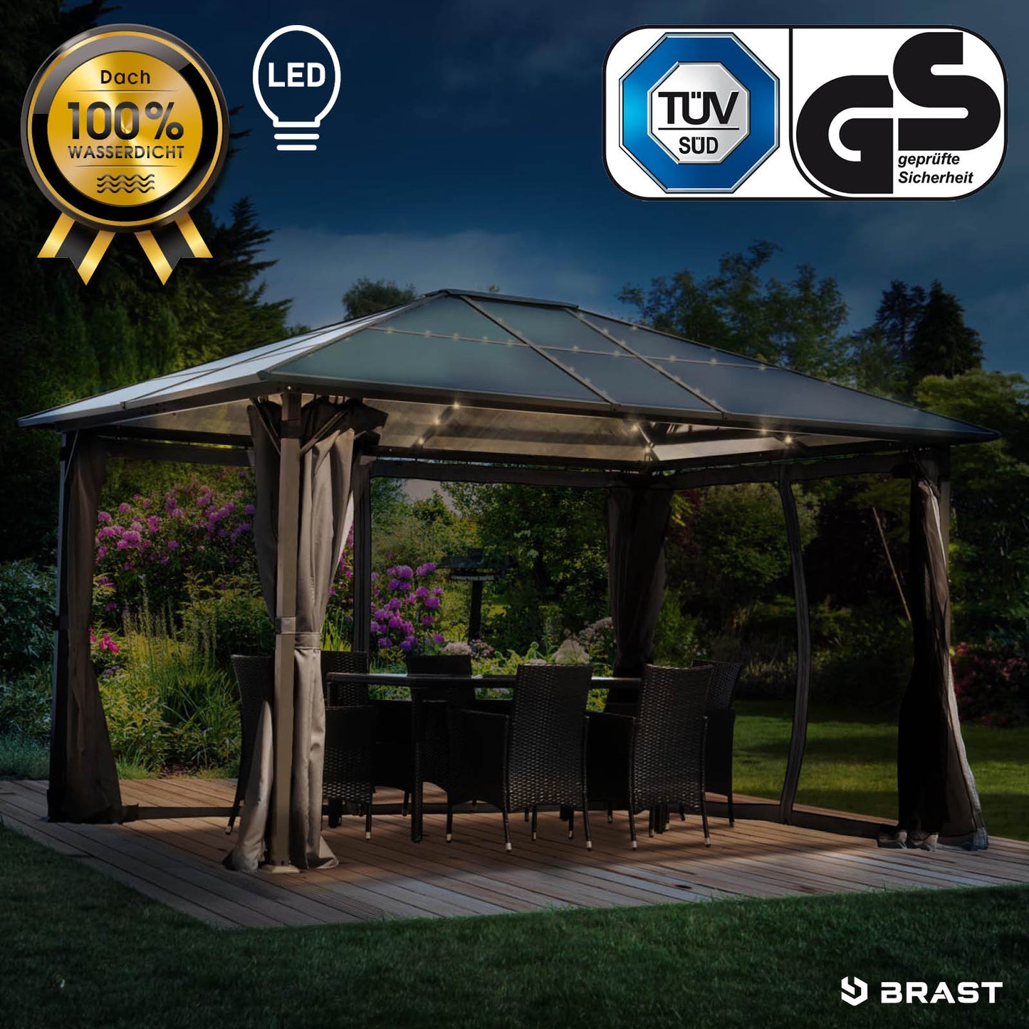 Grauer Alu-Gartenpavillon 3x4m mit LED-Beleuchtung, wasserdicht, stabil, sturm- und winterfest, ganzjährig nutzbar.