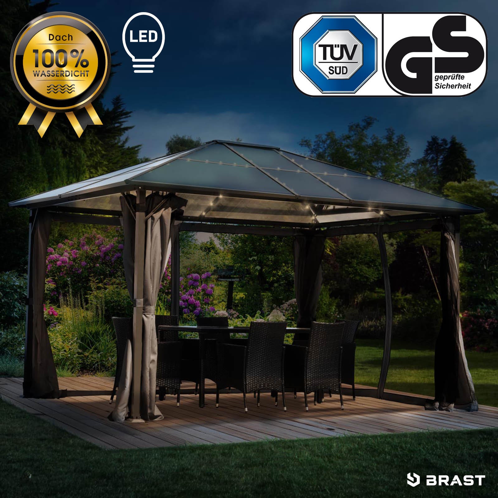 Grauer Alu-Gartenpavillon 3x4m mit LED-Beleuchtung, wasserdicht, stabil, sturm- und winterfest, ganzjährig nutzbar.