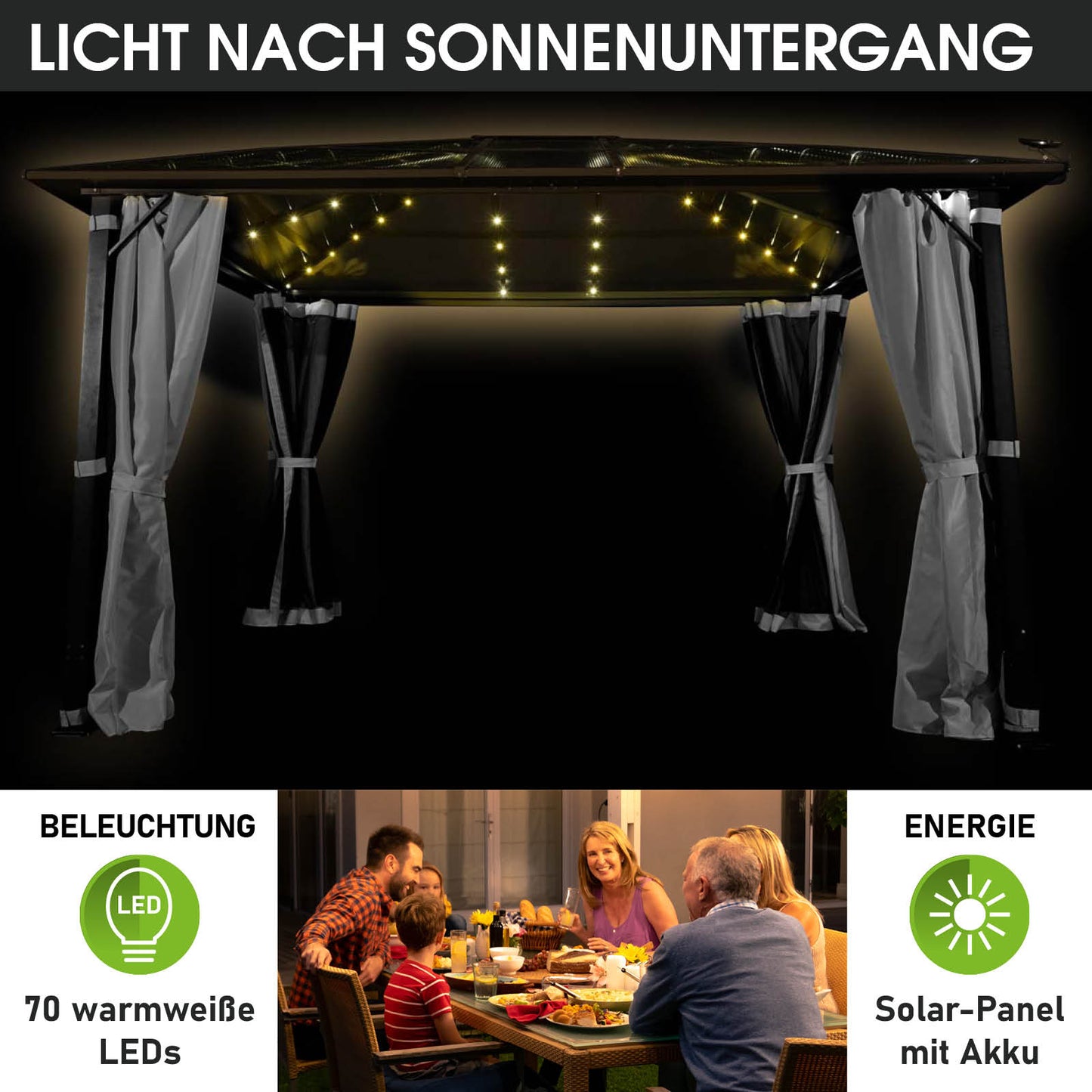 Grau beschichteter, stabiler Aluminium-Gartenpavillon 3x4m mit LED-Beleuchtung, wasserdicht, sturm- und winterfest für.