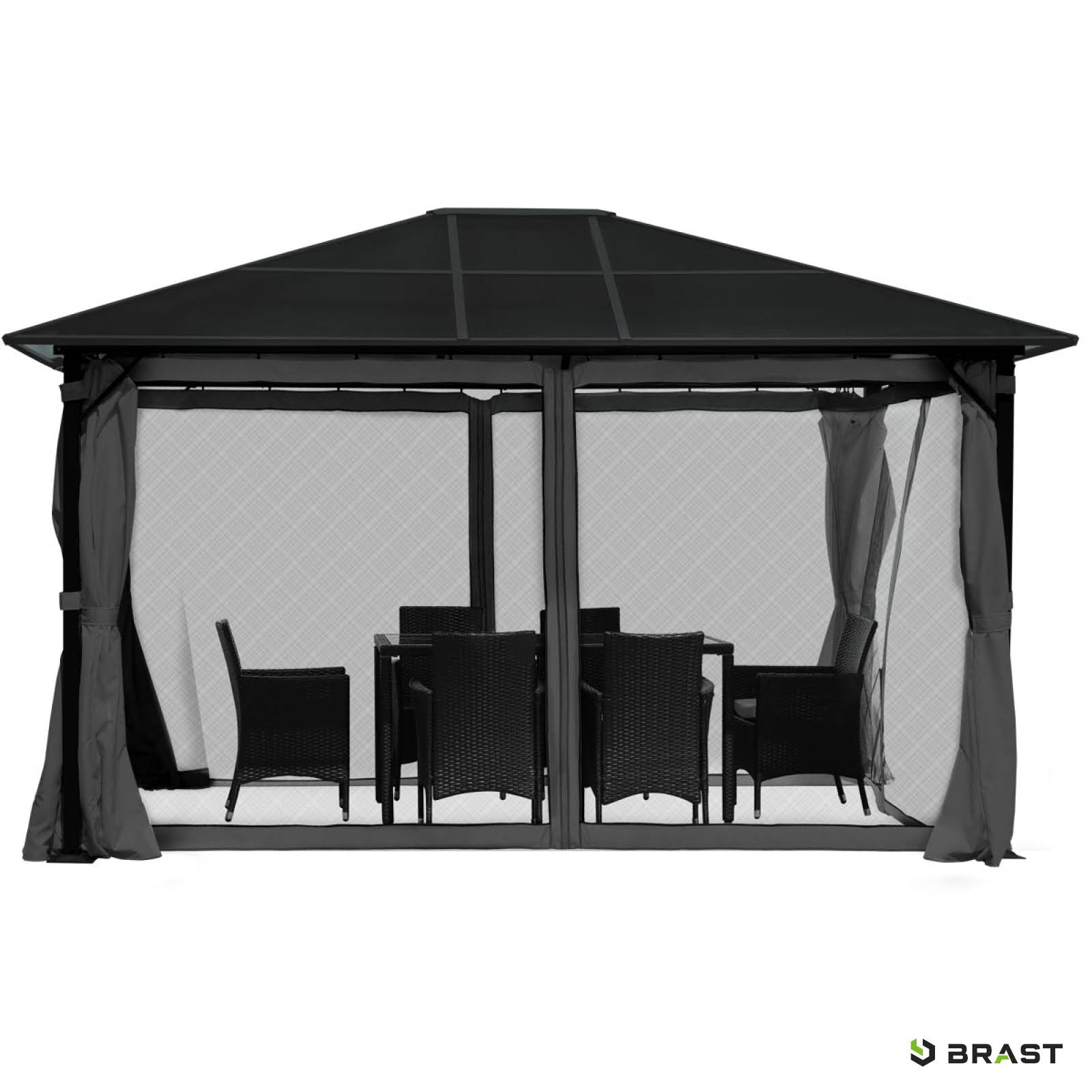 Grau beschichteter Aluminium-Gartenpavillon 3x4m mit Moskitonetz, LED-Beleuchtung, sturmfest, winterfest, ganzjährig.