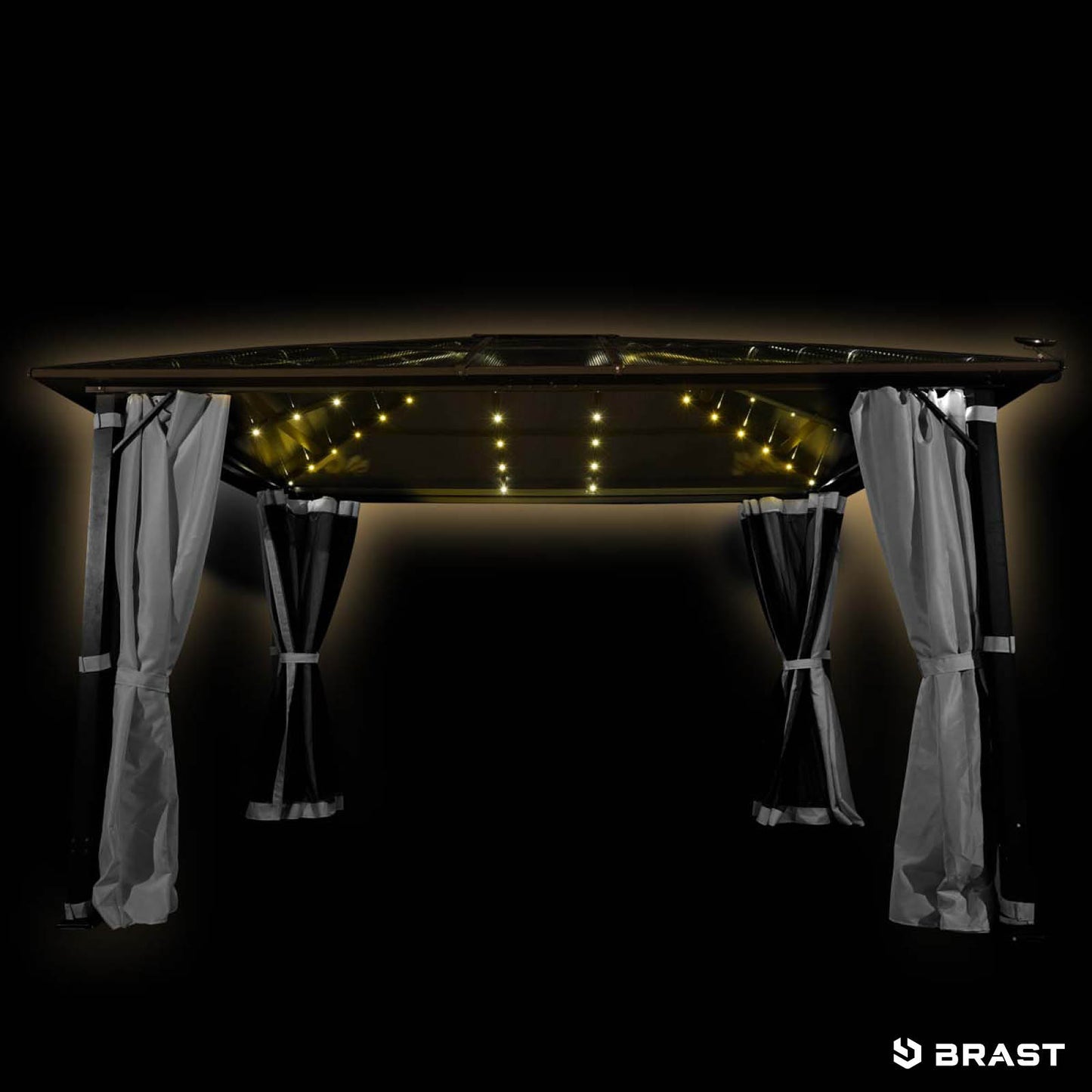 Grauer 3x4m Alu-Gartenpavillon mit seitlichen Vorhängen und warmweißen LED-Lichtern, sturmfest, winterfest, wasserdicht und.