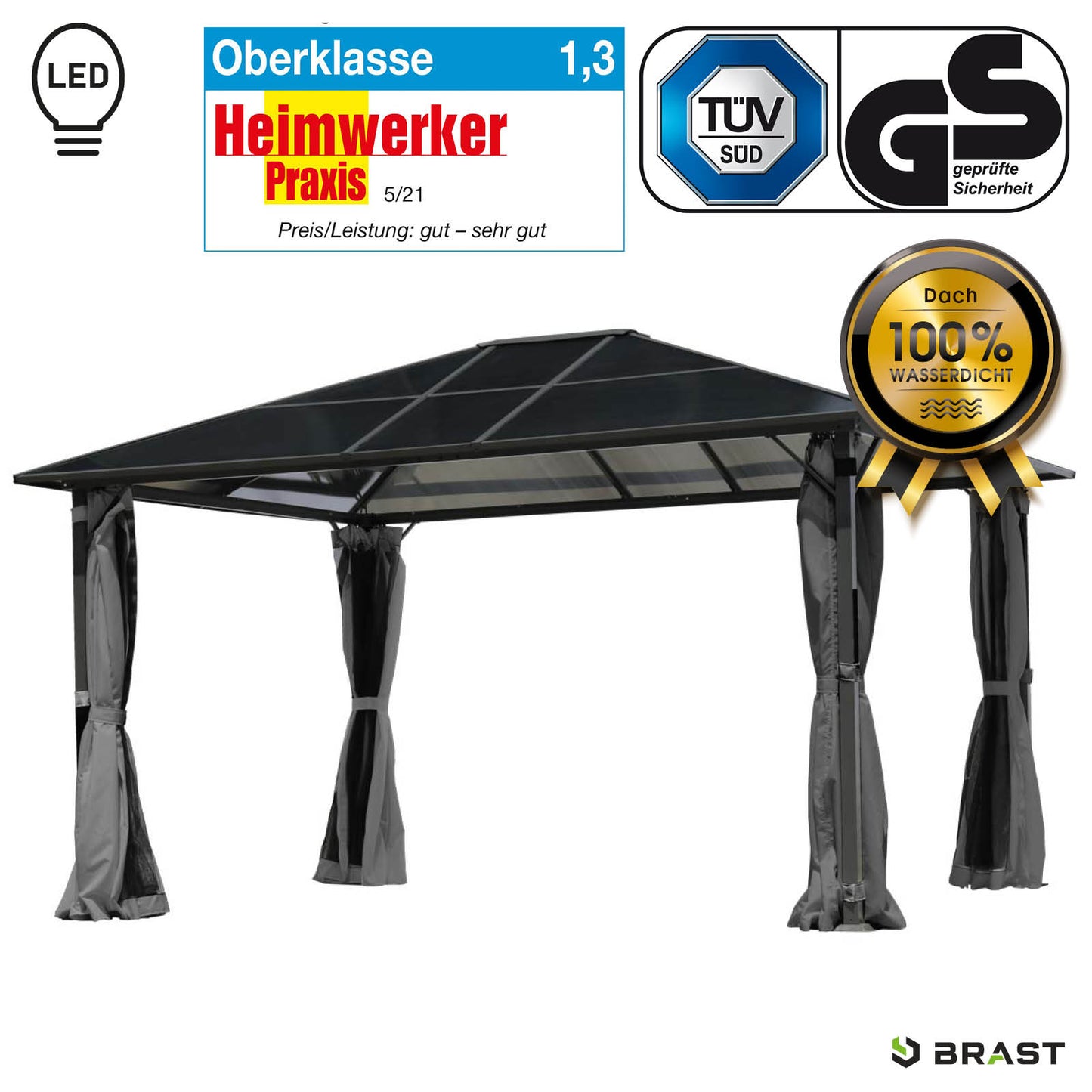 Grauer Aluminium-Gartenpavillon 3x4m mit stabilem, wasserdichtem Dach und LED-Beleuchtung, sturmfest und winterfest für.