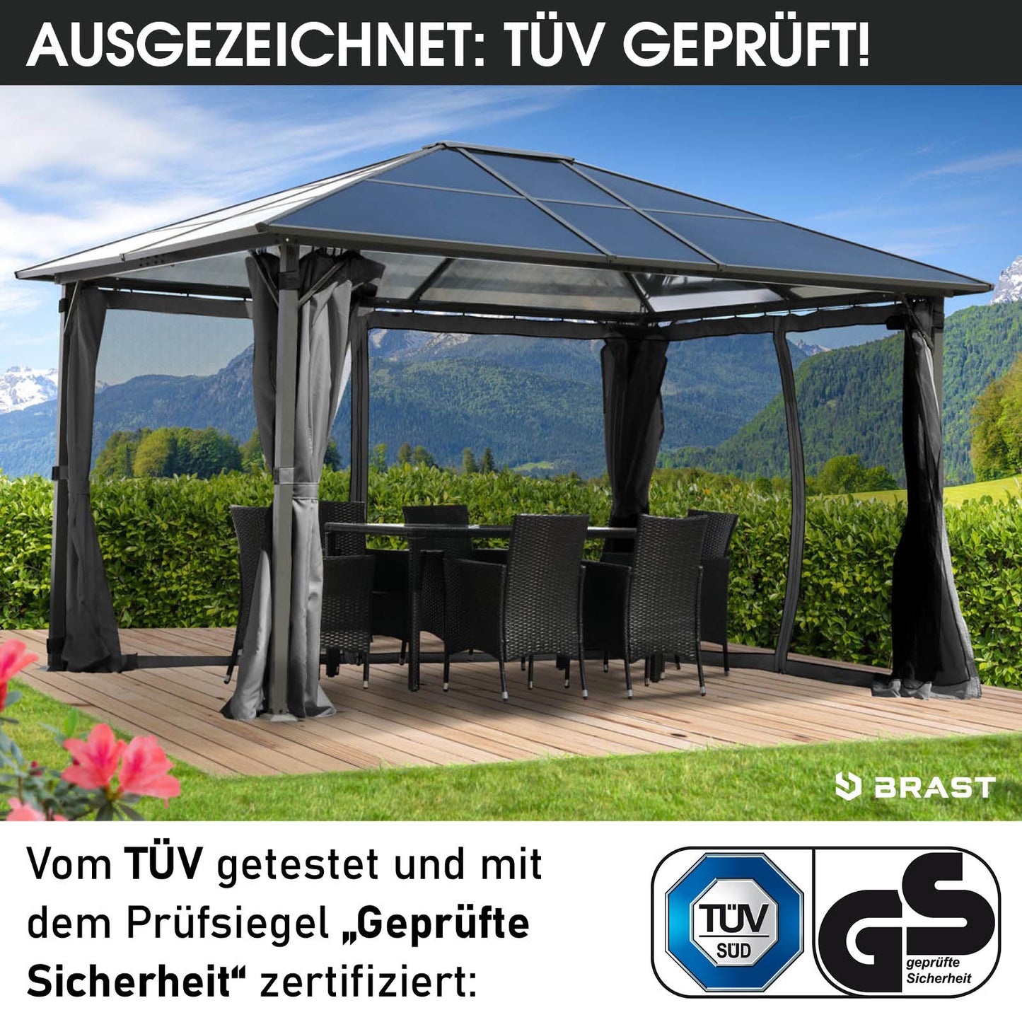 Grau 3x4m Alu-Gartenpavillon mit stabilem Dach, Vorhängen, LED-Beleuchtung, sturmfest und winterfest.