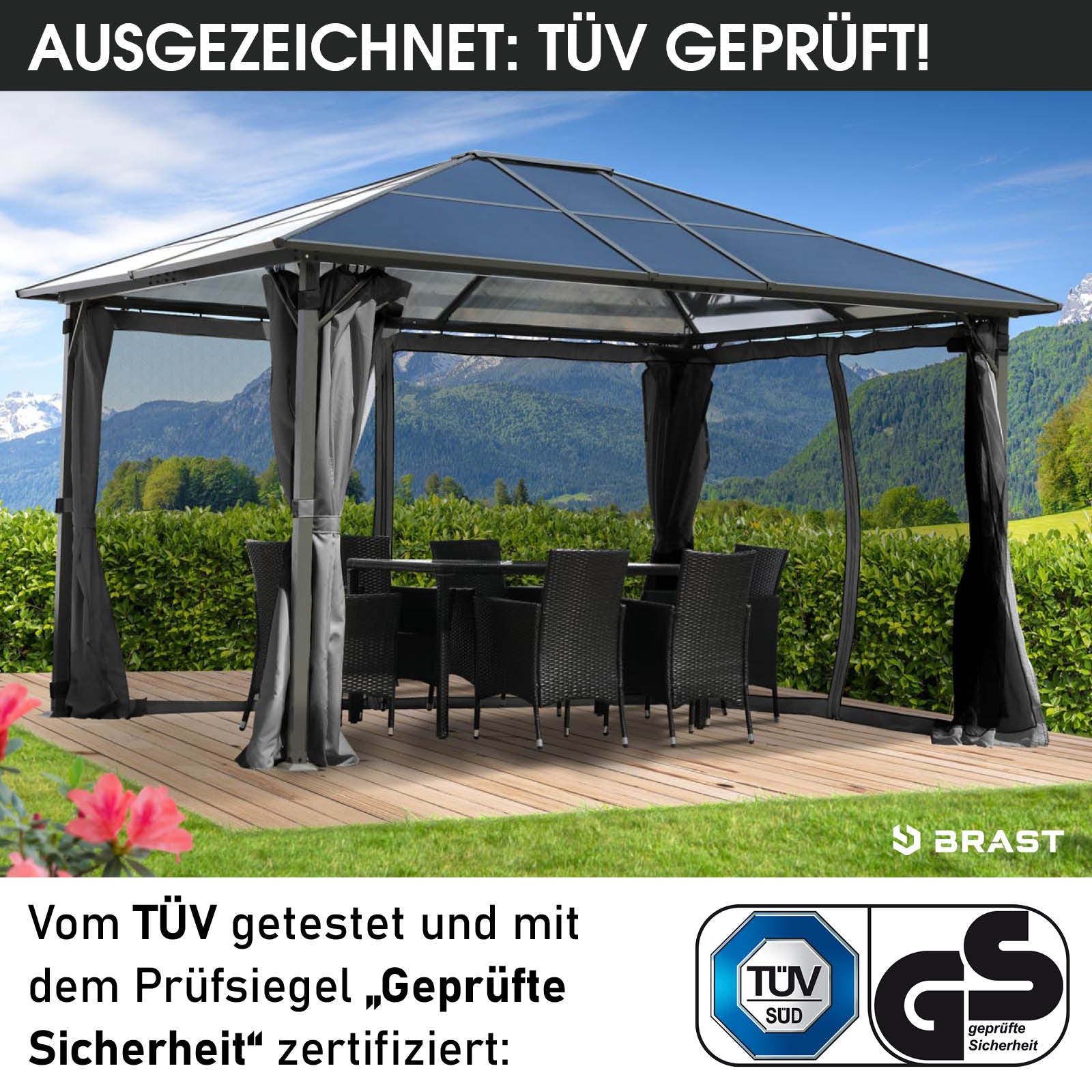 Grau 3x4m Alu-Gartenpavillon mit stabilem Dach, Vorhängen, LED-Beleuchtung, sturmfest und winterfest.