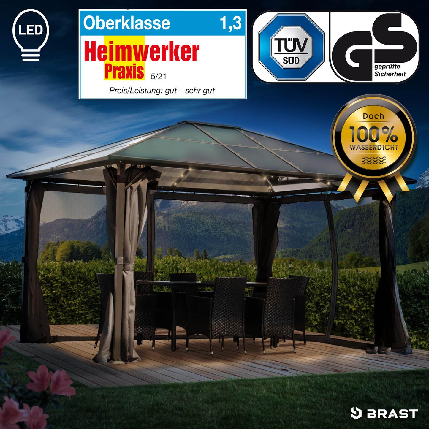 Grauer Aluminium-Gartenpavillon 3x4m mit LED-Beleuchtung, sturmfest, winterfest, wasserdicht, stabil und ganzjährig nutzbar.