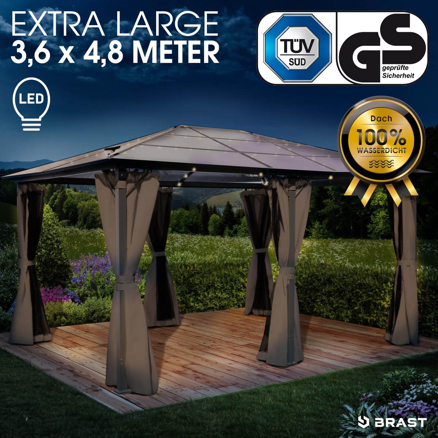 Großer grauer Alu-Pavillon 3,6x4,8 m mit LED-Beleuchtung und Vorhängen.