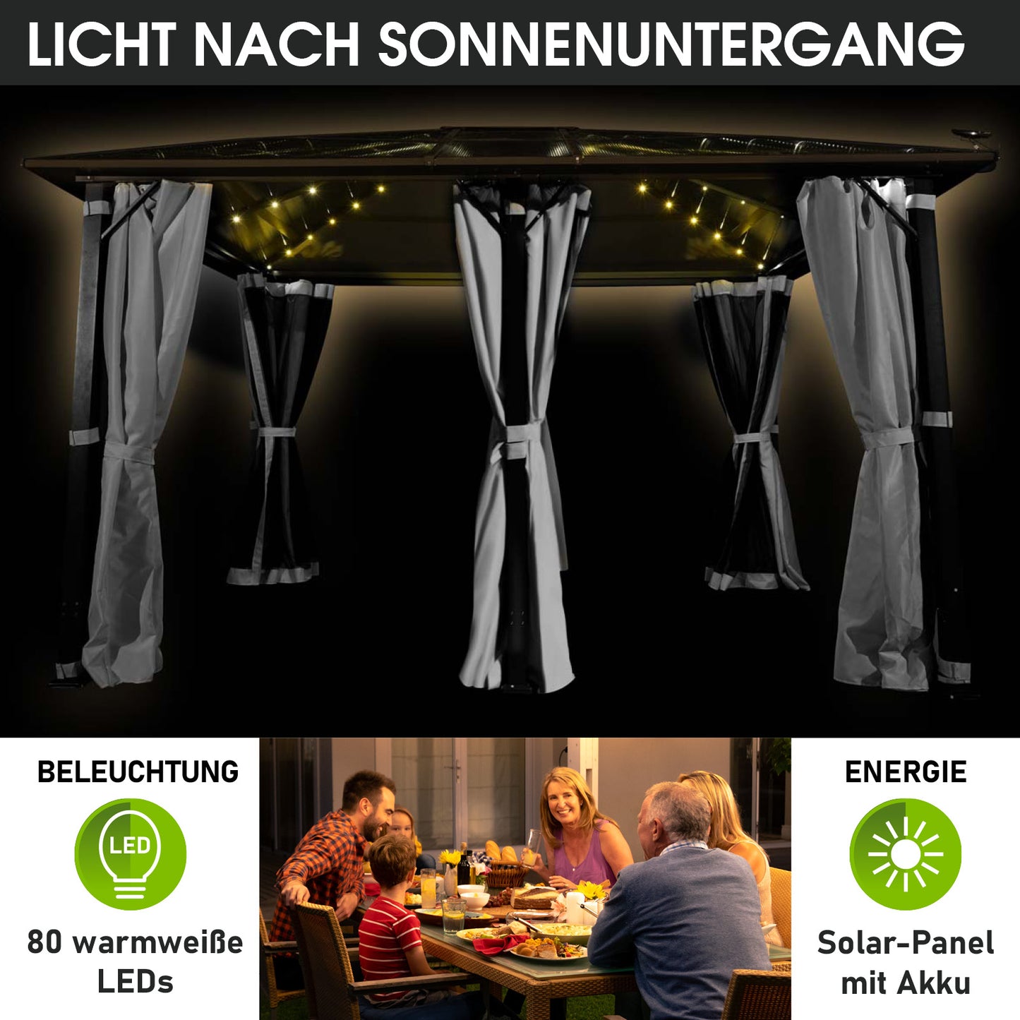 Großer grauer Aluminium-Pavillon 3,6x4,8m mit halb zugezogenen Vorhängen und warmweißen LED-Lichterketten.