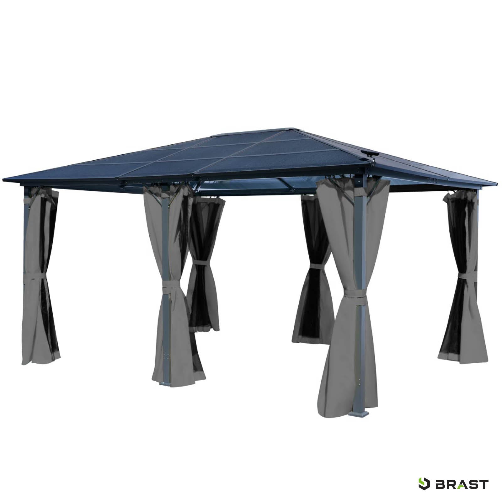 Grauer Aluminium-Pavillon 3,6x4,8 m mit dunkelblauem Dach und grauen Vorhängen, LED-Beleuchtung integriert.