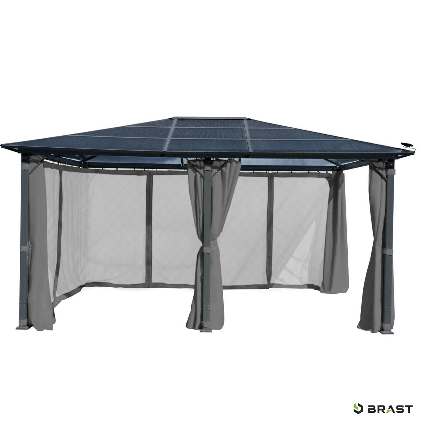 Großer grauer Aluminium-Pavillon 3,6x4,8m mit dunkelblauem Dach und seitlichen Stoffvorhängen mit LED-Beleuchtung.