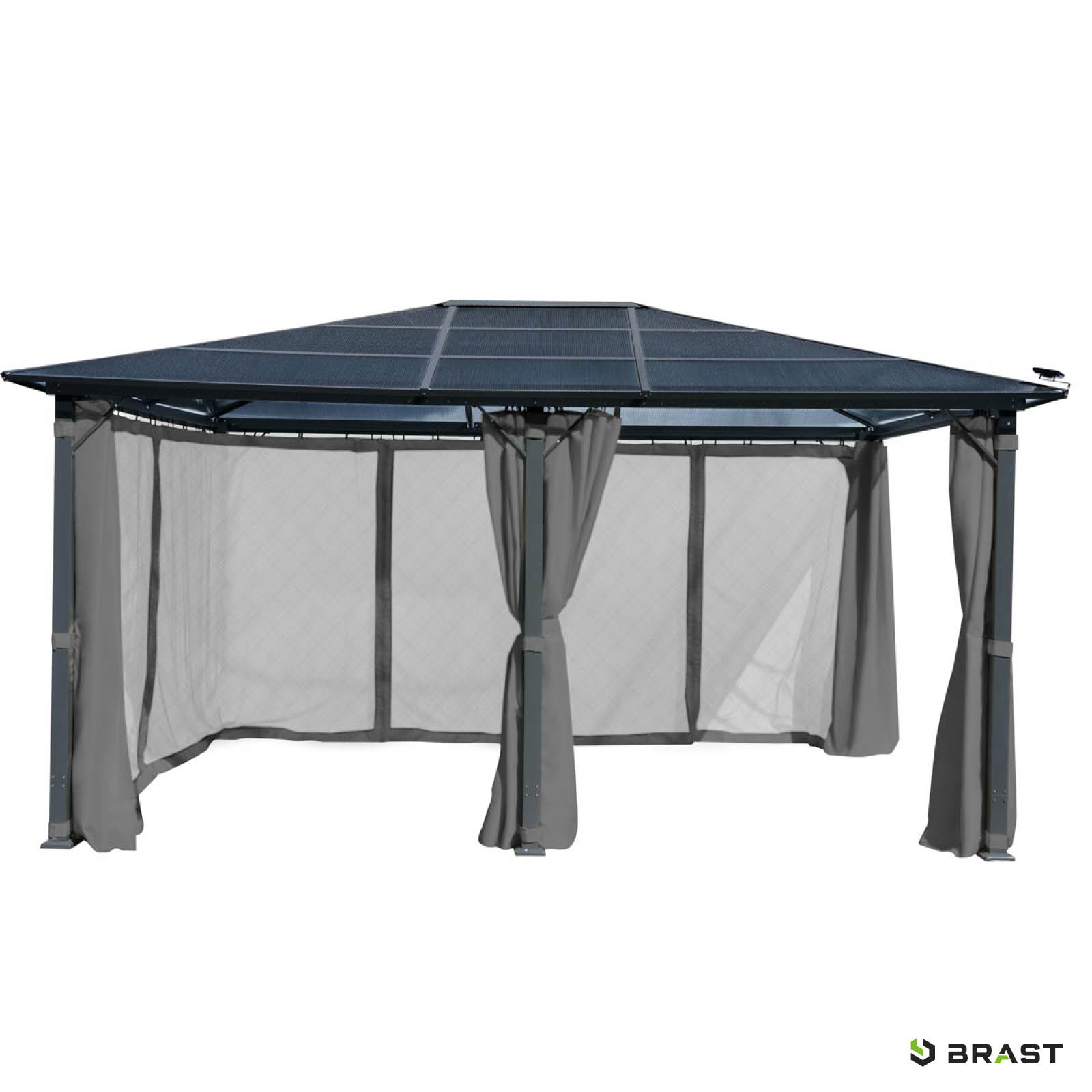 Großer grauer Aluminium-Pavillon 3,6x4,8m mit dunkelblauem Dach und seitlichen Stoffvorhängen mit LED-Beleuchtung.