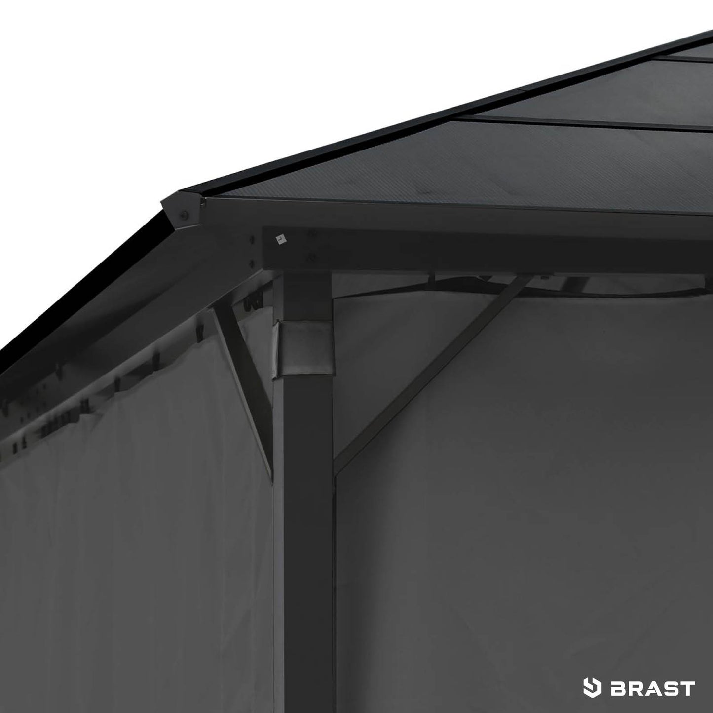 Grauer Alu-Pavillon mit stabilem Rahmen und leicht geneigtem Dach, detailreiche Eckverbindung sichtbar.