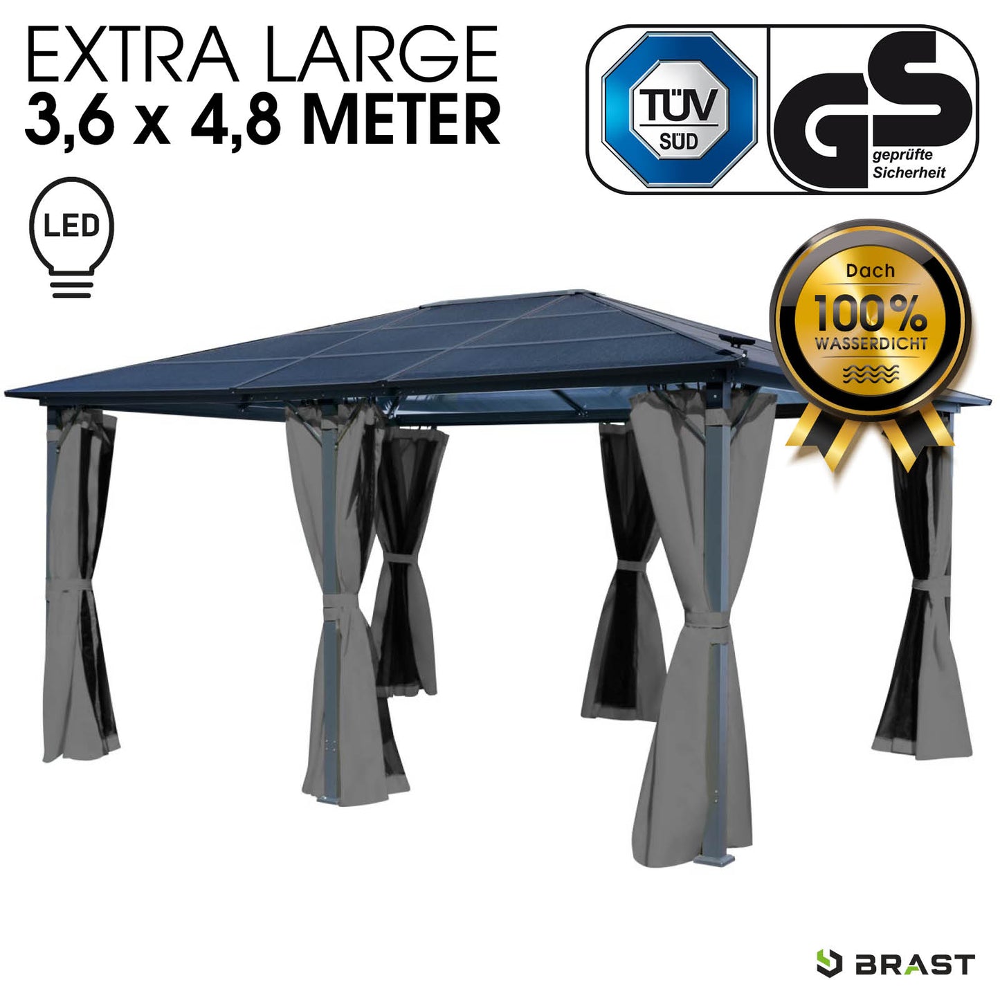 Großer grauer Aluminium-Pavillon 3,6x4,8m mit LED-Beleuchtung und seitlichen Vorhängen.