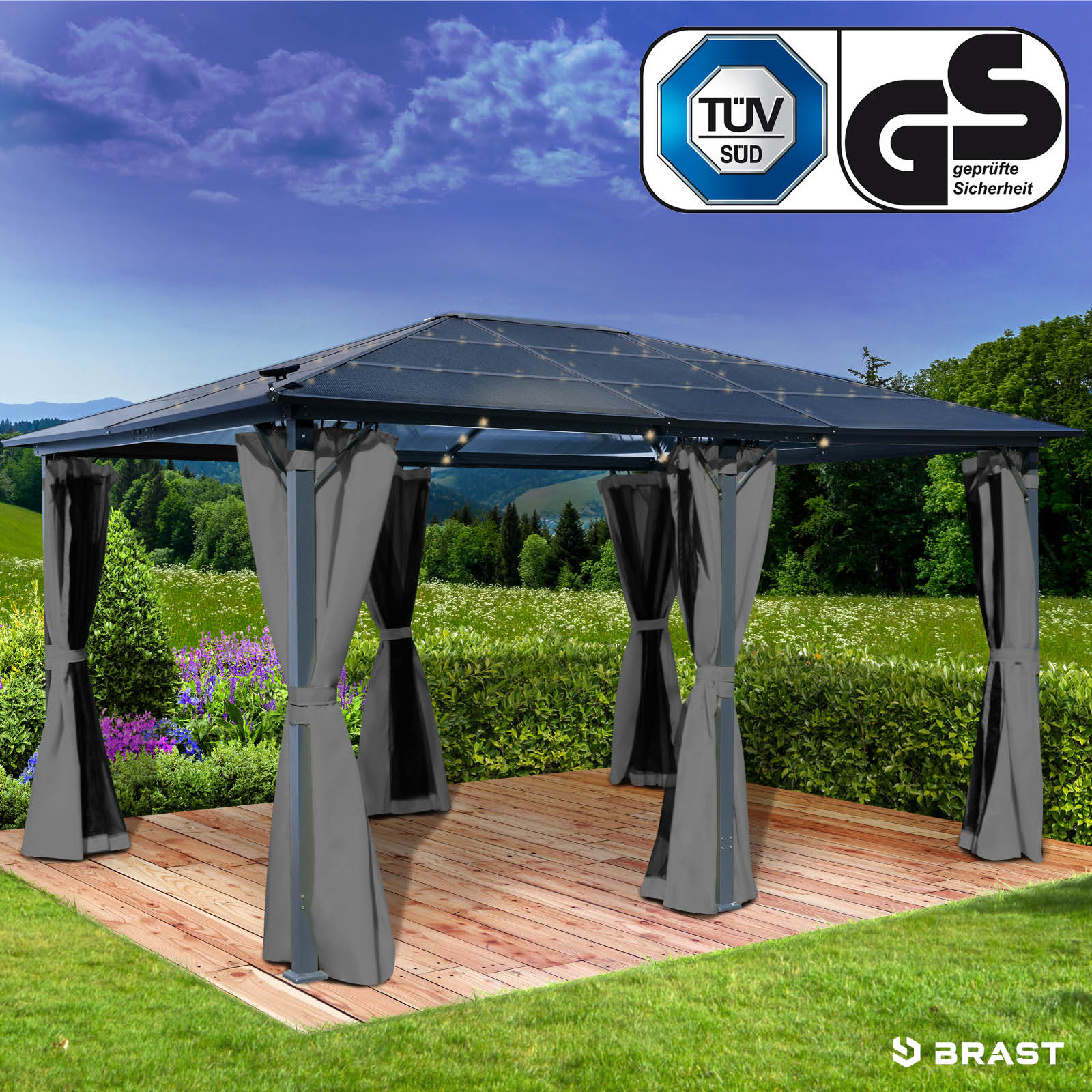 Grauer Alu-Pavillon 3,6x4,8 m mit transparentem Dach und integrierten LEDs auf Holzterrasse.