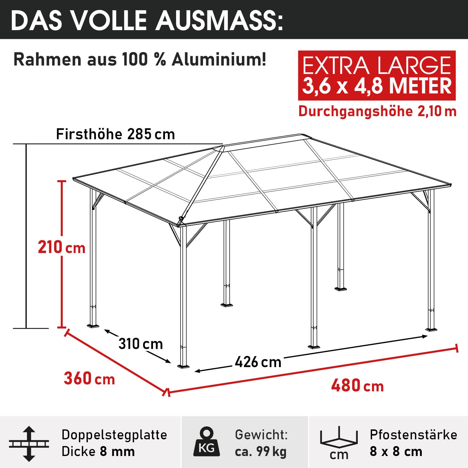 Grauer Alu-Pavillon 3,6x4,8 m mit Aluminiumrahmen und LED-Beleuchtung, extra groß.