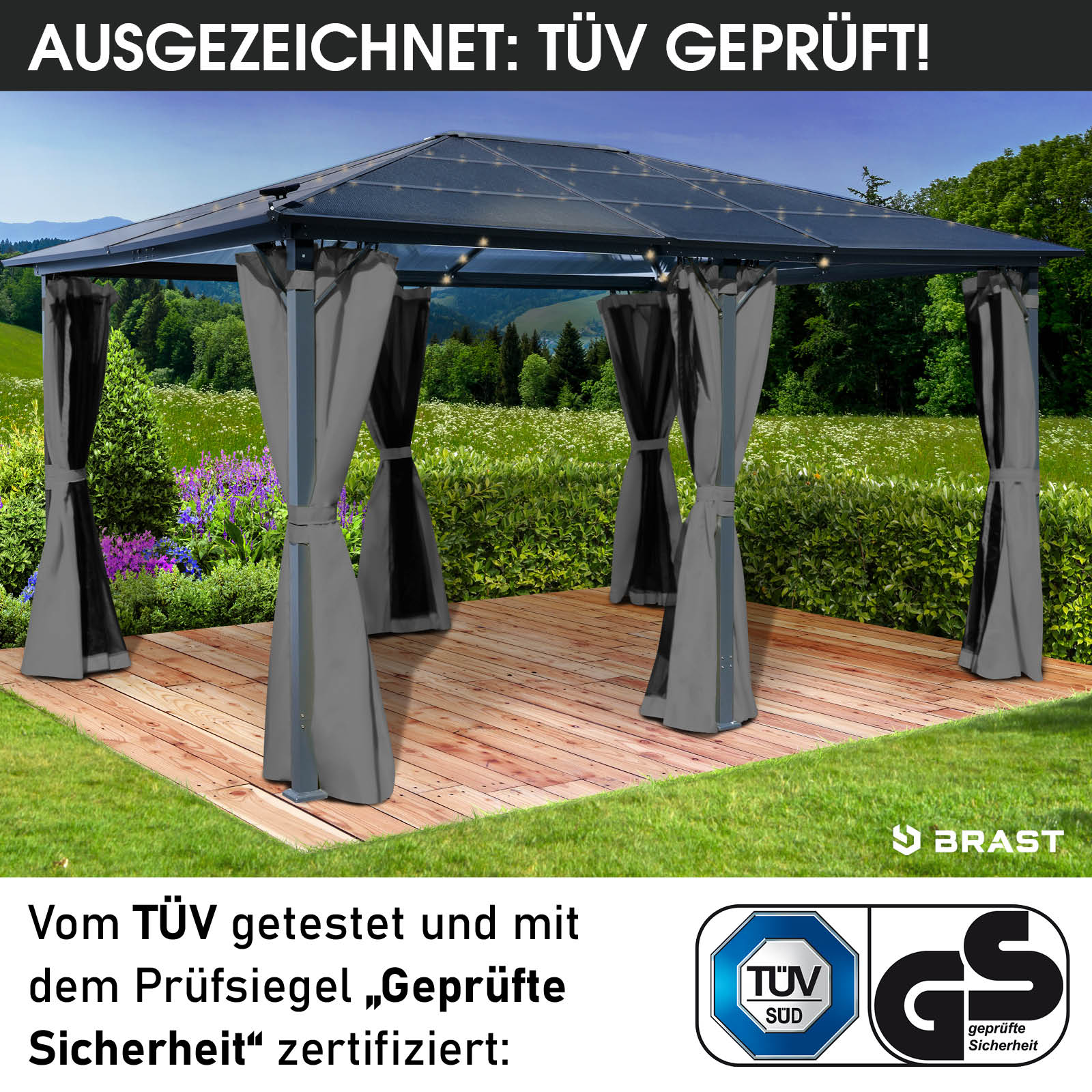 Großer grauer Alu-Pavillon 3,6x4,8m mit LED-Beleuchtung und seitlichen Vorhängen auf Holzterrasse.