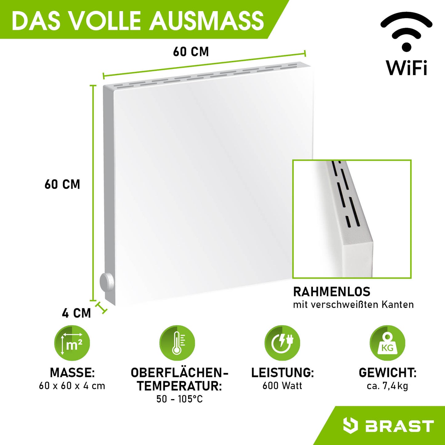 Weiße quadratische Hybridheizung 60x60x4 cm mit rahmenlosen Kanten und Wifi-Thermostatsymbol.