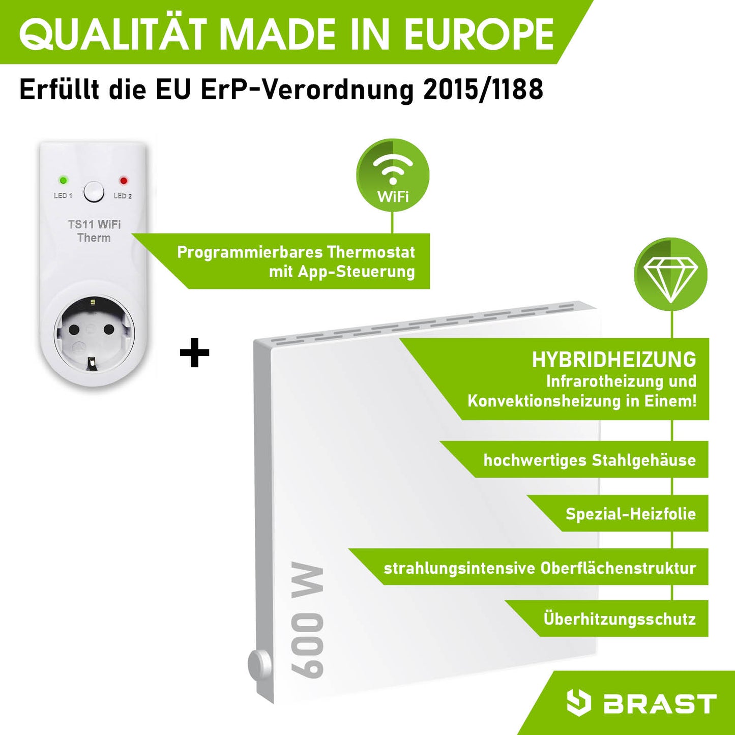 Weißes Hybrid-Heizgerät HB 600 mit Wifi-Thermostat und programmierbarer Steckdose.