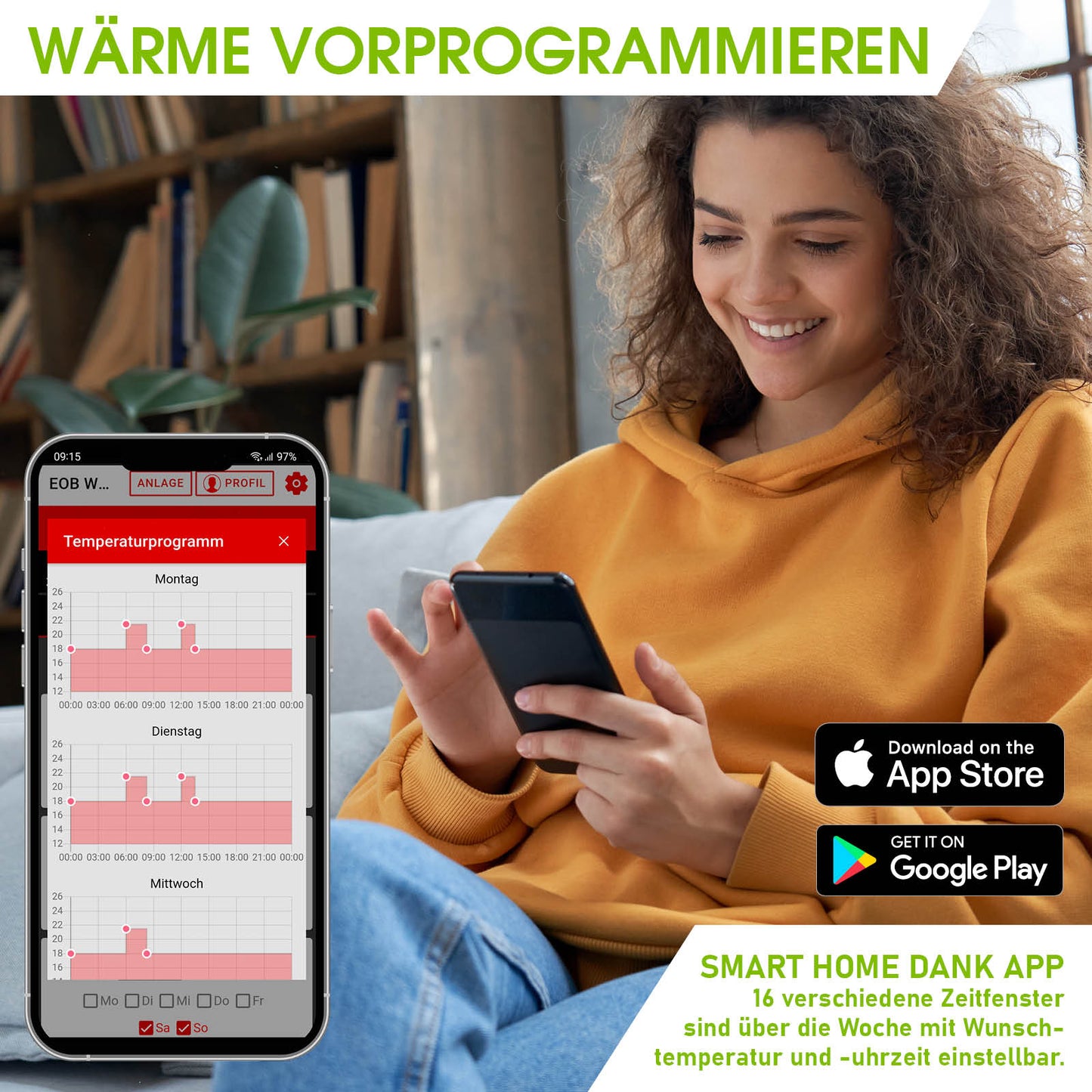 BRAST Hybrid Heizung HB 600 mit WiFi-Thermostat, mobile Steuerung per App, Nutzerin mit Smartphone auf Sofa.