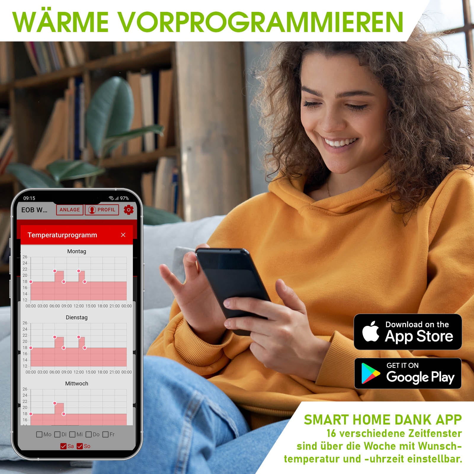 BRAST Hybrid Heizung HB 600 mit WiFi-Thermostat, mobile Steuerung per App, Nutzerin mit Smartphone auf Sofa.