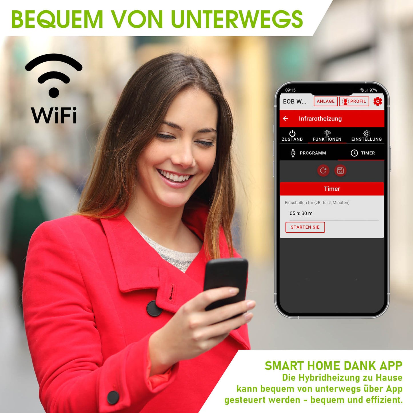 Frau in rotem Mantel steuert BRAST Hybrid Heizung HB 600 mit WiFi-Thermostat per Smartphone-App.