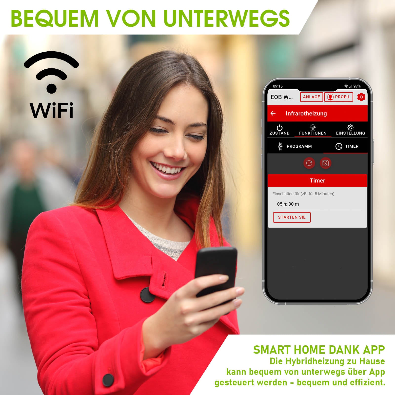 Frau in rotem Mantel steuert BRAST Hybrid Heizung HB 600 mit WiFi-Thermostat per Smartphone-App.