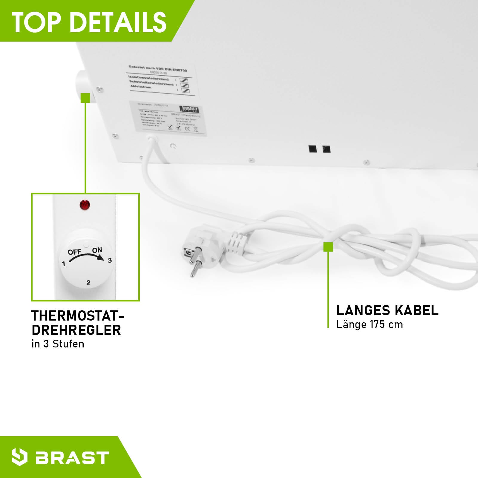 Weiße BRAST Hybrid Heizung HB 600 mit Thermostat-Drehregler und langem Stromkabel.