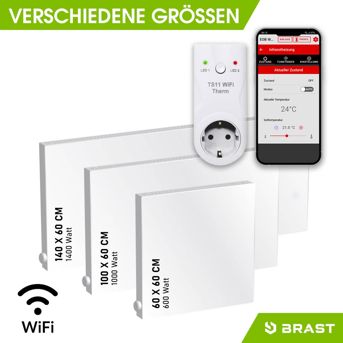 Weiße rechteckige Wandheizung mit verschiedenen Größen und Wifi-Thermostat, begleitet von Smartphone-App-Bedienung.